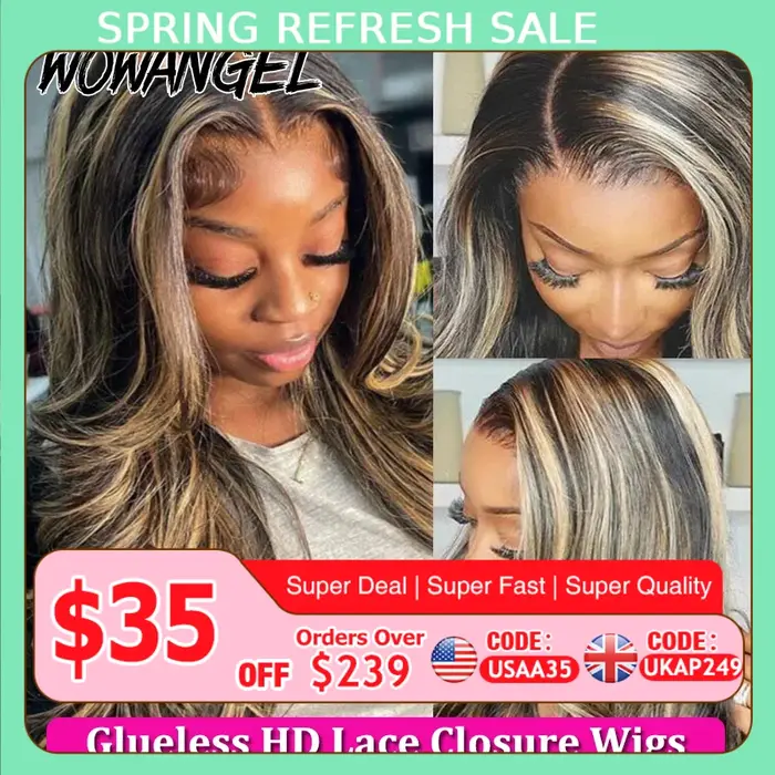 Wow Angel-Perruques Body Wave en surbrillance, Perruque à fermeture en dentelle HD, Blond miel, Perr