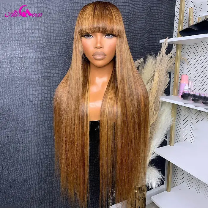 Perruque Lace Frontal Wig naturelle lisse, blond miel, 13x4, 13x6, avec frange, pour femmes, 5x5, po