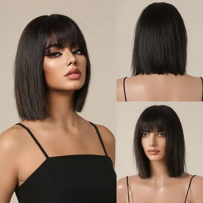 Bob brun mélangé blond Remy cheveux humains pour les femmes naturel droite perruques courtes avec frange résistant
