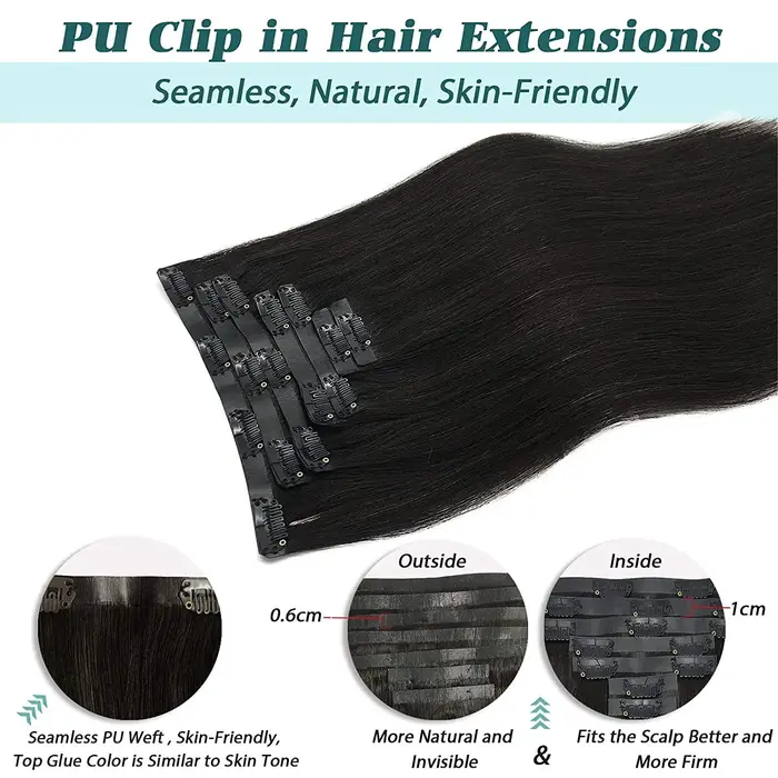 Extensions de cheveux humains à clipser en PU