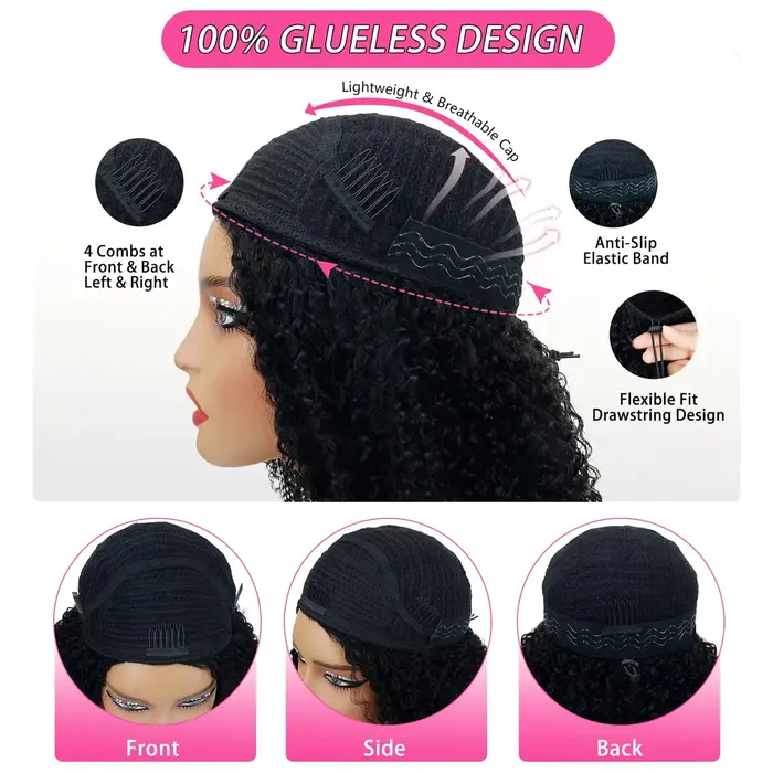 Demi-perruque cheveux humains crépus bouclés 3 en 1