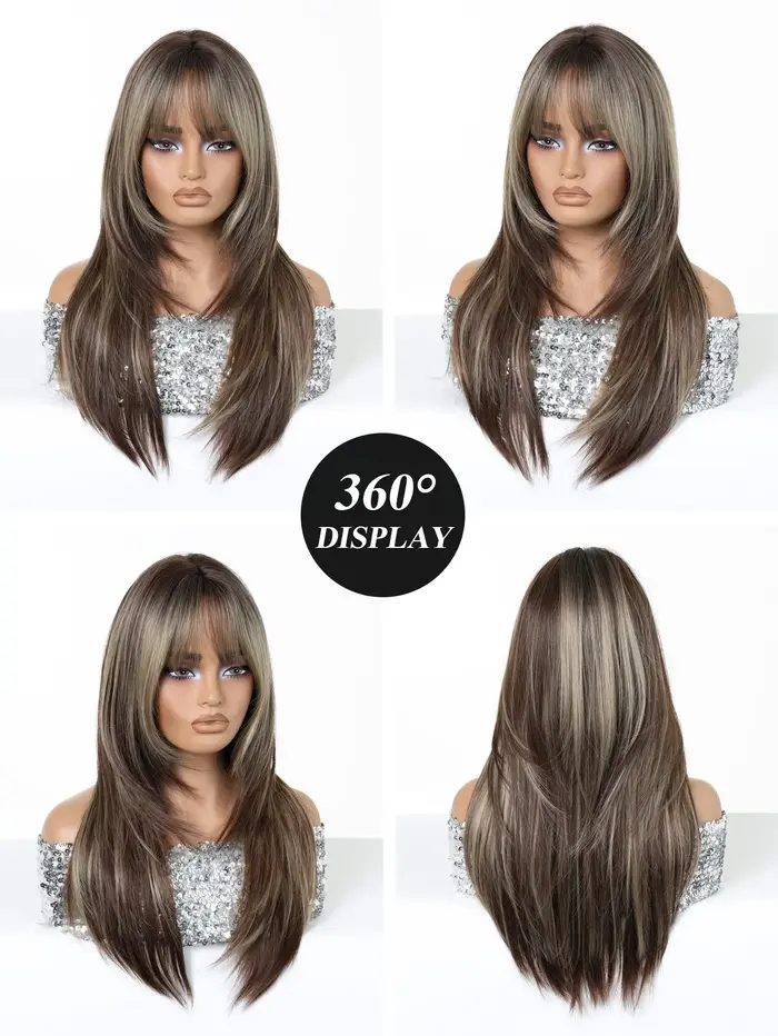 Perruque longue et droite ombrée blond-brun pour femmes avec frange douce