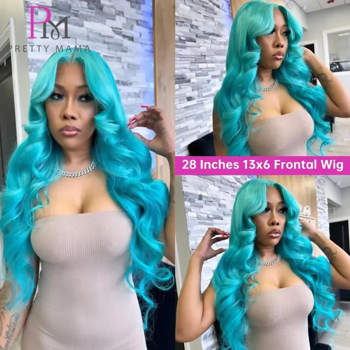 13x6 Cyan bleu dentelle avant perruque vague de corps vert clair dentelle avant perruque cheveux hum