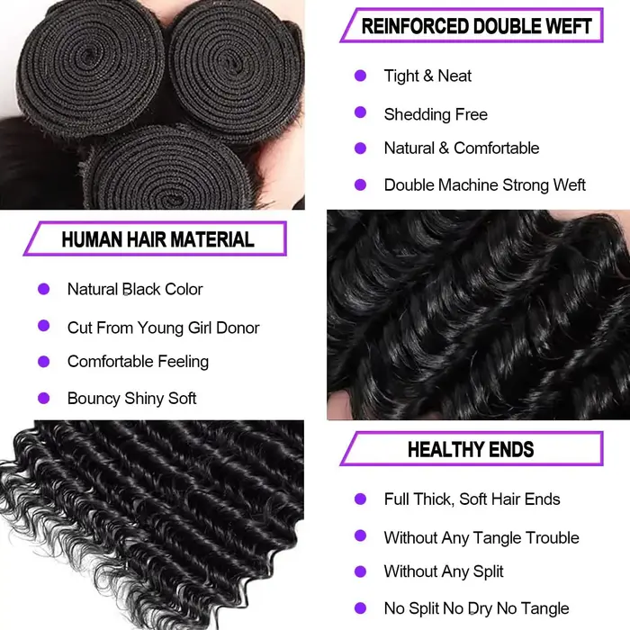 Extensions de cheveux humains vierges non traités, ondulés, double trame, 34-36 pouces, pour tissage