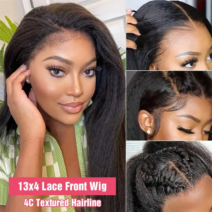 Perruque Lace Front sans colle Yaki Straight, Perruque Lace Frontal Closure 13x4 Kinky Straight, Per