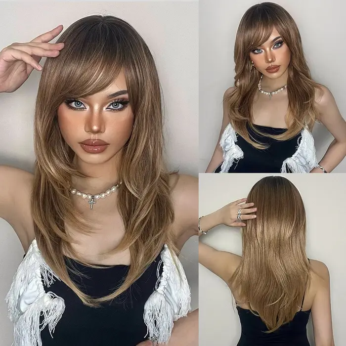 Allbell Magique – perruque synthétique lisse et longue avec frange, rose et noir ombré, perruque de 