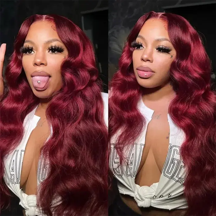 Perruques Lace Front Body Wave 13x6 en Cheveux Humains pour Femmes, Perruques Lace Front 99j Bordeau