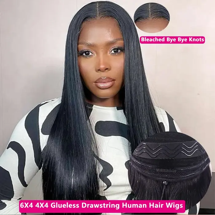 Straight Drawstring Human Hair Wigs Perruques Cheveux Humains Sans Colle 12A Perruques Cheveux Humai