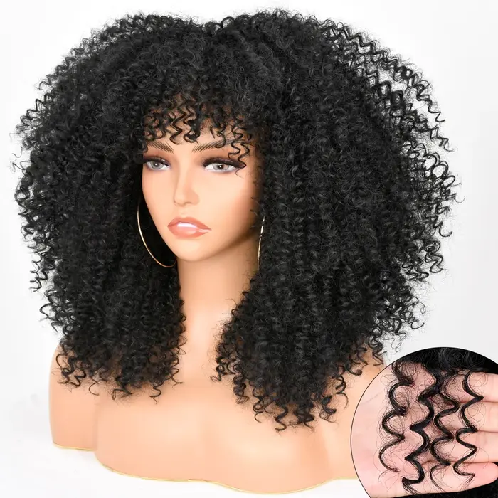 Perruque Afro bouclée crépue avec frange pour femmes noires, cheveux courts de 16 pouces, perruques 