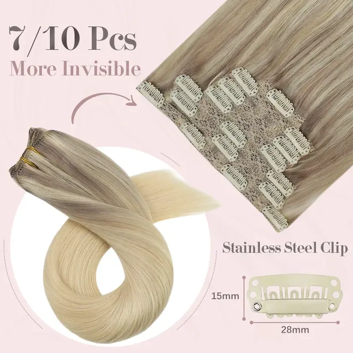 Ueget-Extensions de cheveux à clipser, Balayage argenté, Vrai Huamn, Cheveux naturels Remy, Tête com