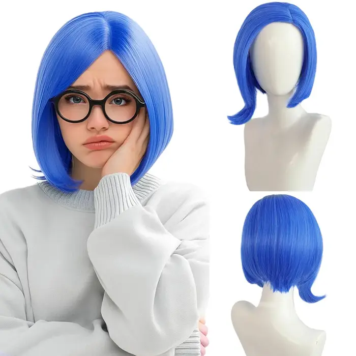 Perruques de tristesse bleues avec montures de lunettes noires