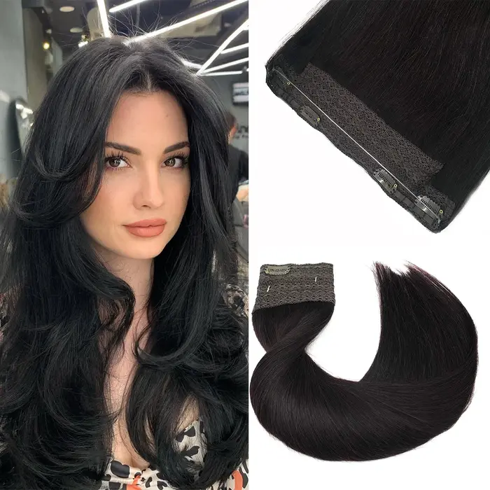 Extensions de cheveux en fil de cheveux humains réels Balayage brun foncé à brun châtain Invisible T