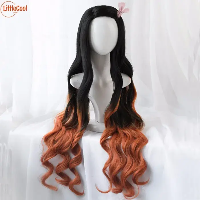 Kamado Nezuko Cosplay Perruque Synthétique, Cheveux Longs Bouclés, Noir, Orange, Marron, Dégradé Omb