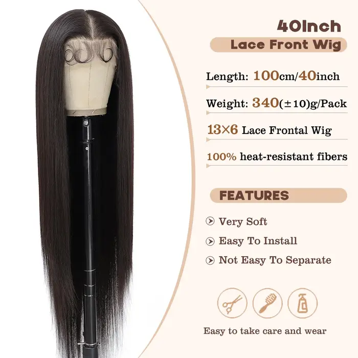 Perruques Lace Frontal 13x6 Marron Super Longues 40 Pouces pour Femmes, Synthétiques Lisses Soyeuses Noires de Haute Qualité, Faciles à Porter, pour Cosplay