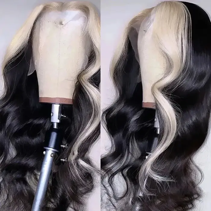 Perruque Lace Frontal Wig synthétique Body Wave blanche à reflets noirs, 13x4 HD, haute qualité, rés