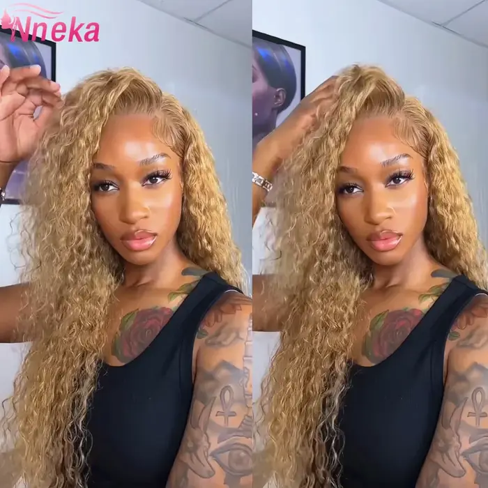Perruque Lace Front Wig naturelle bouclée blond miel, cheveux humains, Deep Wave, 13x6, 13x4, Hd, po