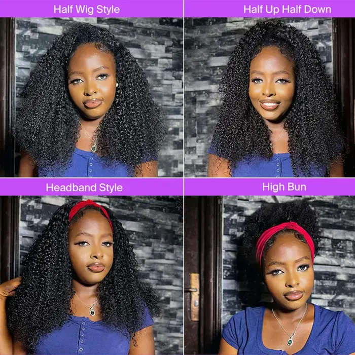 Perruque mi-tête bouclée crépue en cheveux humains