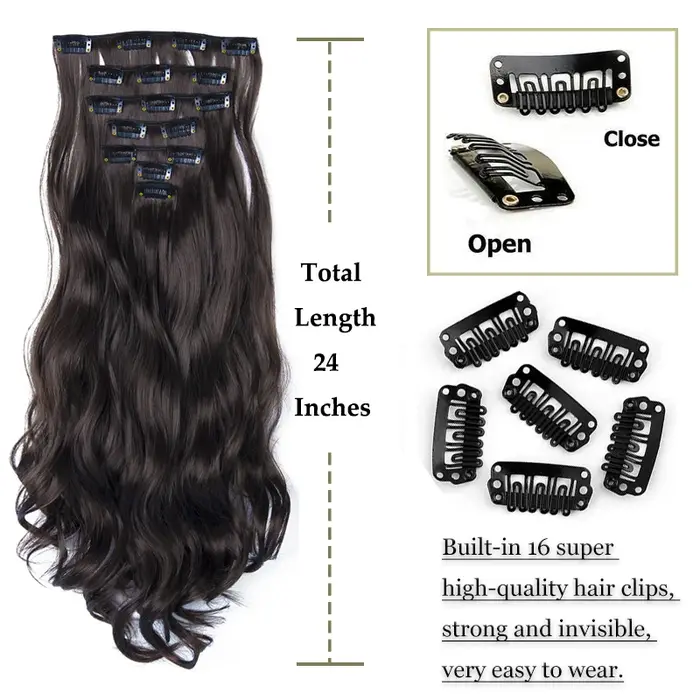 NICESY 16Clips synthétiques 24 pouces longs cheveux bouclés postiche résistant à la chaleur Extensio