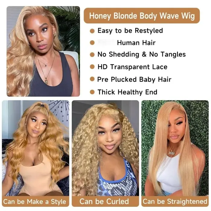 Perruques brésiliennes en cheveux humains ondulés, blond miel 27, avec dentelle frontale HD 13x6 et