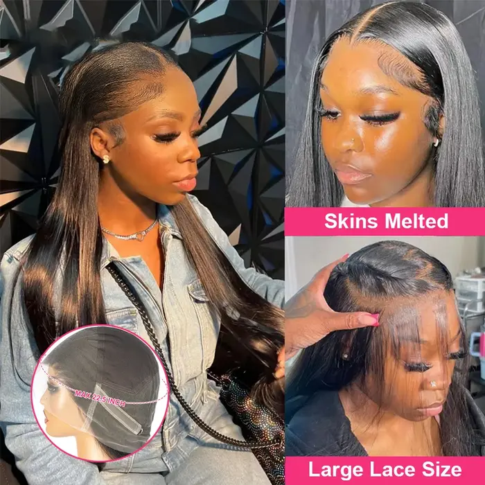 Perruque Lace Front Wig brésilienne lisse, cheveux lisses, Transparent HD, pre-plucked, Humen, pour