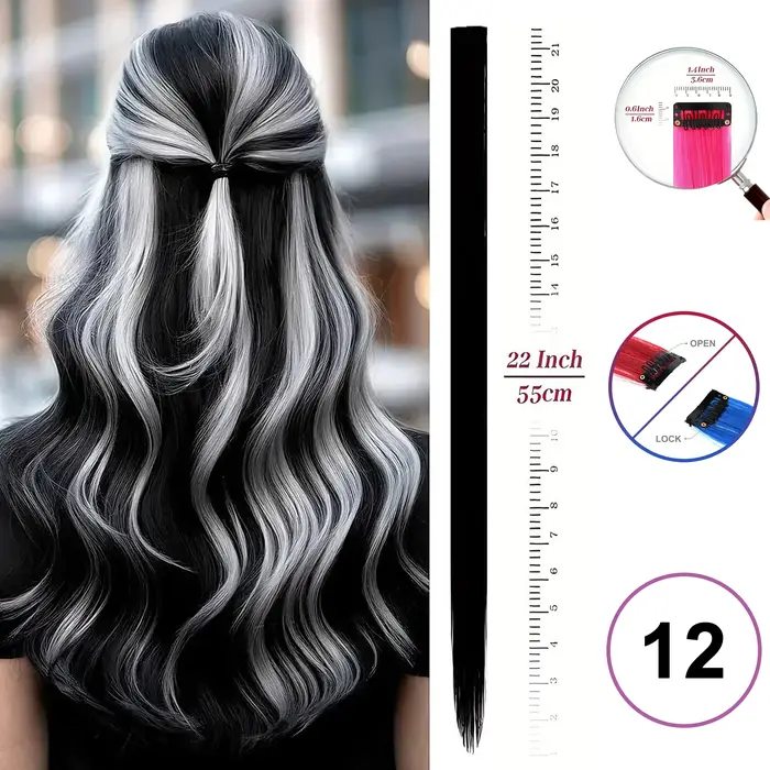 Extensions de cheveux synthétiques à clips de 22 pouces, postiches colorées à reflets longs et lisse