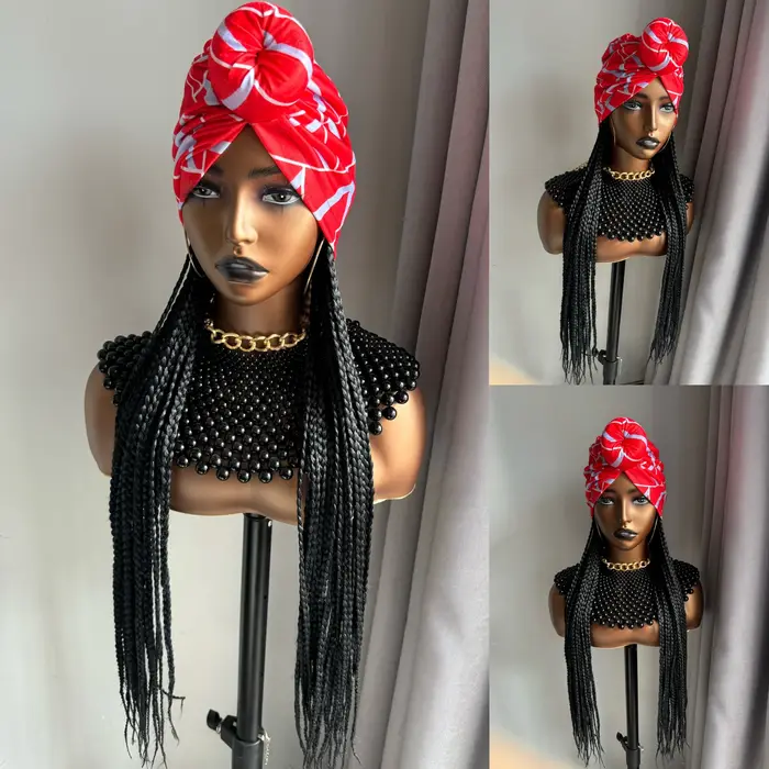 Perruque Synthétique Longue Tressée Noire de 24 Pouces