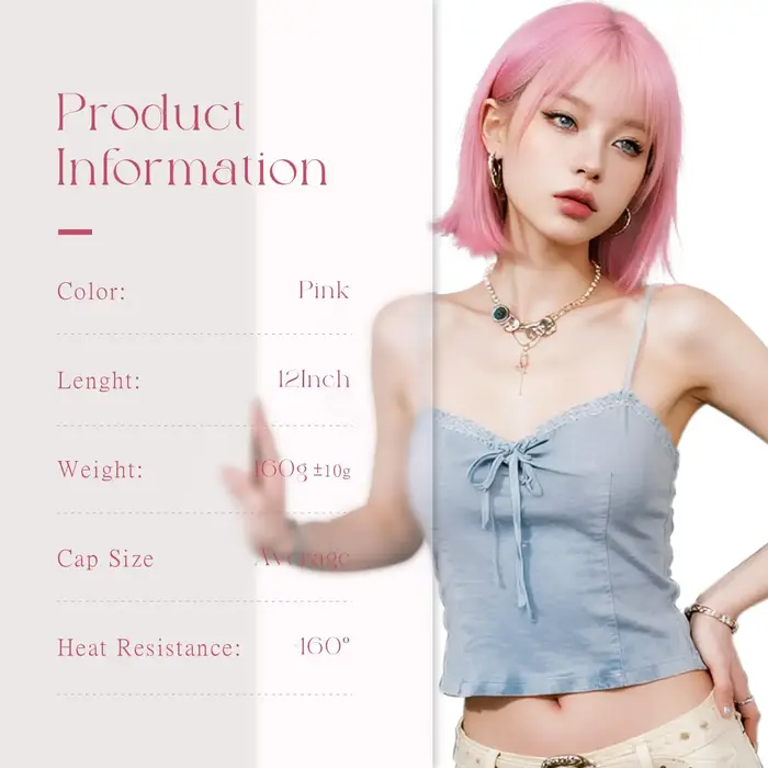Perruque synthétique rose style bob pour Halloween
