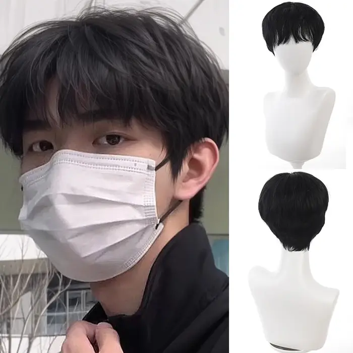 Perruque synthétique courte et lisse noire pour garçons coréens