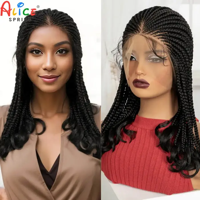 Perruque tressée pleine dentelle Cornrow avec extrémités ondulées 18 pouces