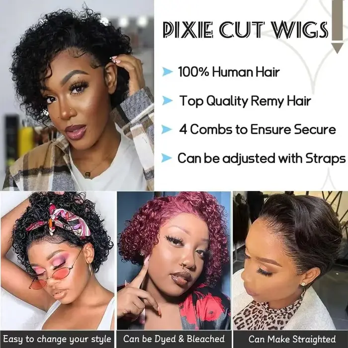 Perruque Pixie Cut Courte Bouclée en Cheveux Humains