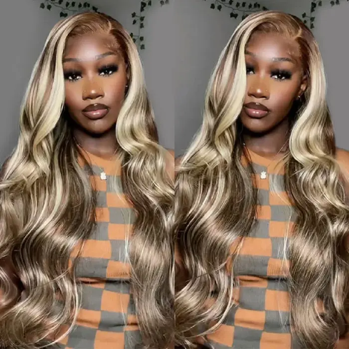 Perruque de cheveux humains Body Wave colorée à reflets blond brun 4/613