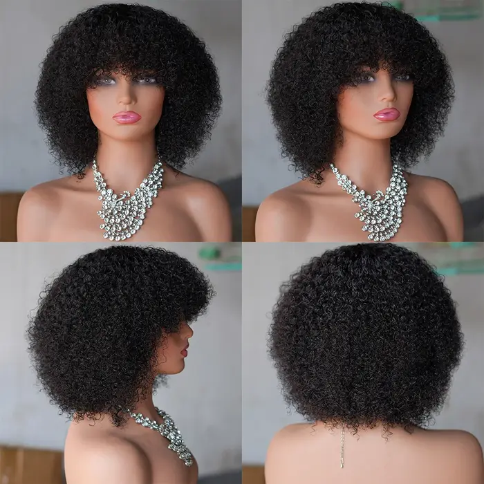 Perruque de cheveux humains crépus bouclés afro mongols avec frange faite à la machine 250% perruques