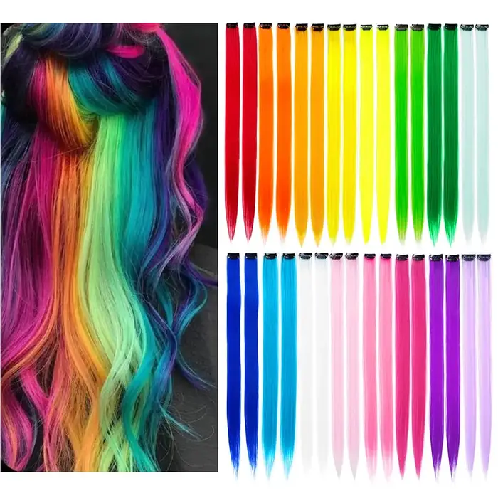 32 paquets d'extensions de cheveux colorées, lisses, à clipser, pour mèches de fête arc-en-ciel, pos