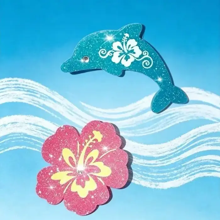Barrettes à cheveux en forme de dauphin bleu scintillant avec fleur d'hibiscus rose et motif tropical