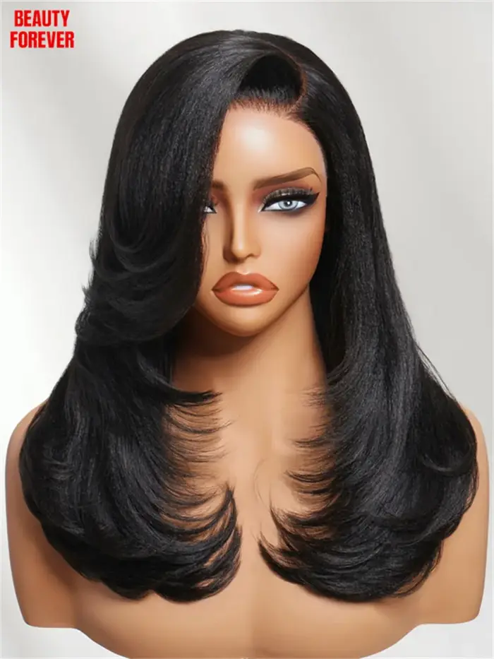 Perruque Beautyforever à franges latérales, lisse Yaki, sans colle, 100% cheveux humains, perruque e