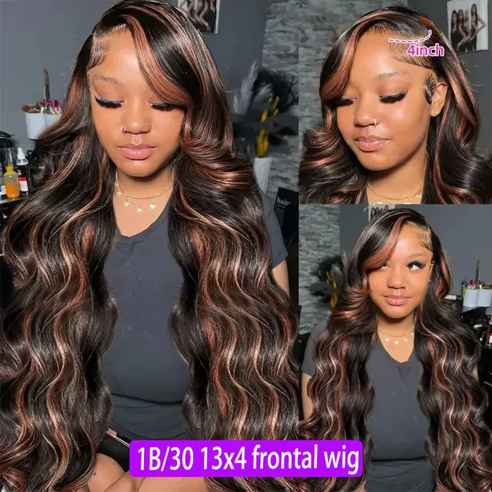 Perruques Lace Front 13x4 Body Wave 1b30 Noir Brun, Perruque Lace Frontale HD 13x6 Cheveux Humains O