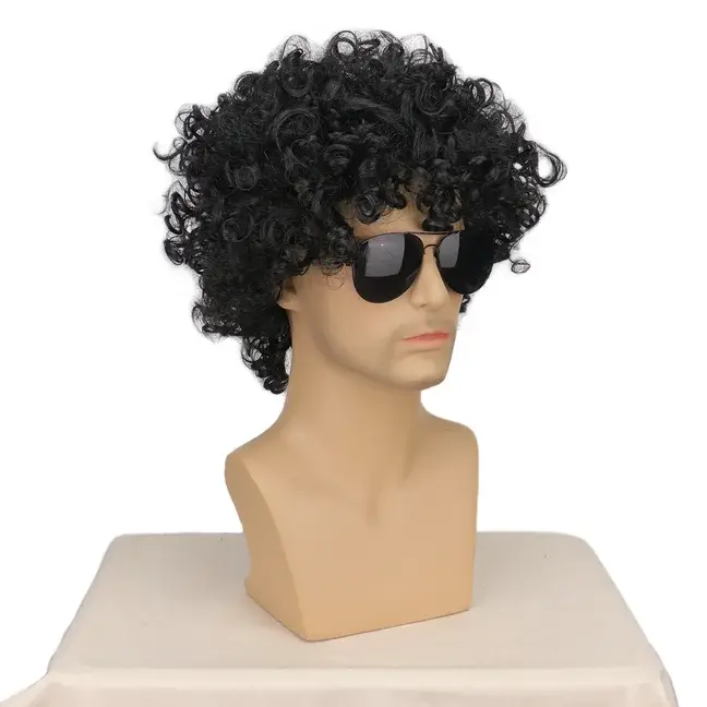 Perruque courte noire bouclée style rocker disco pour hommes avec lunettes