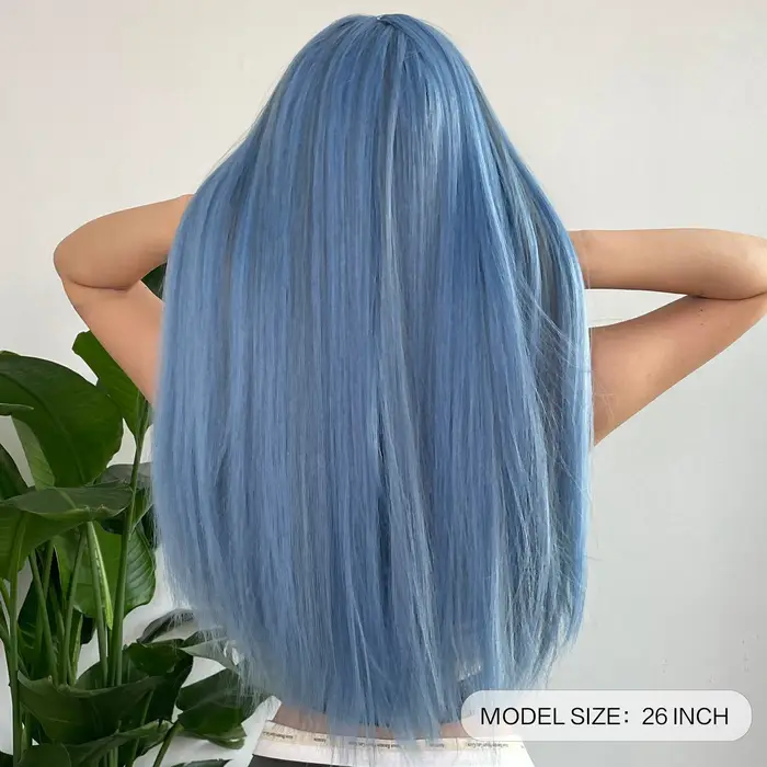 Perruques Synthétiques sulfDroites Bleues avec Reflets Gris avec Frange, Cheveux de Cosplay pour Fem