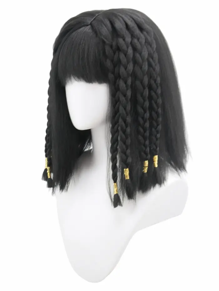 Perruque synthétique à frange tressée noire multibrins | ornements en or