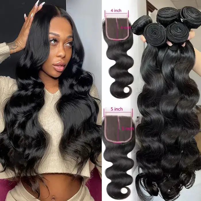 Extensions de cheveux humains 100% Remy avec closure en dentelle 4x4 5x5, mèches de cheveux humains 