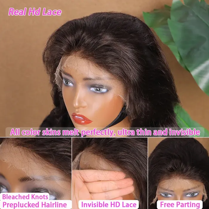 Perruques en cheveux humains Body Wave Double Drawn, avec closure frontale HD 4x4 13x4, pré-épilées,