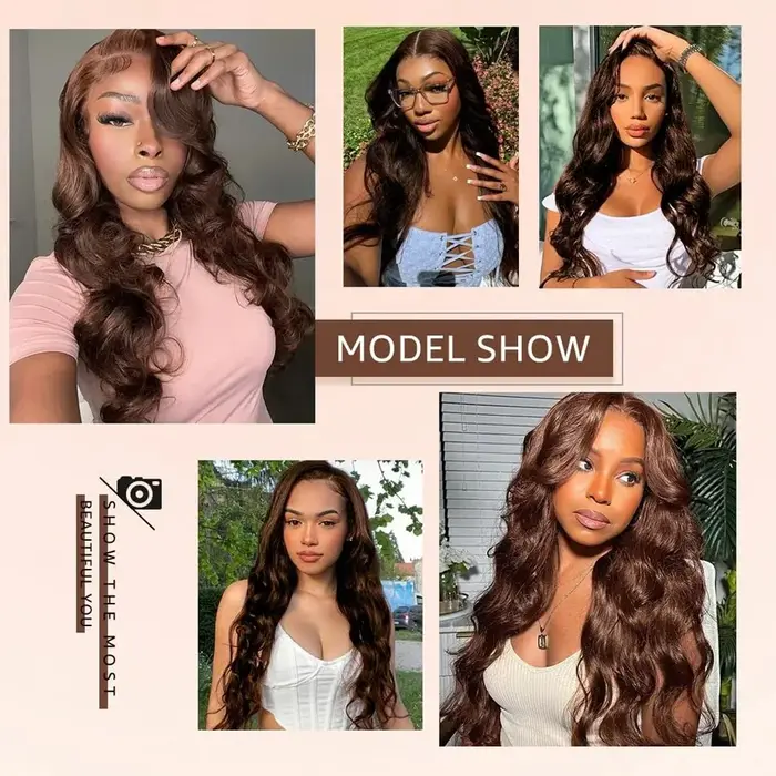 Perruques à dentelle frontale Body Wave brun chocolat, cheveux humains pré-épilés, cheveux vierges b