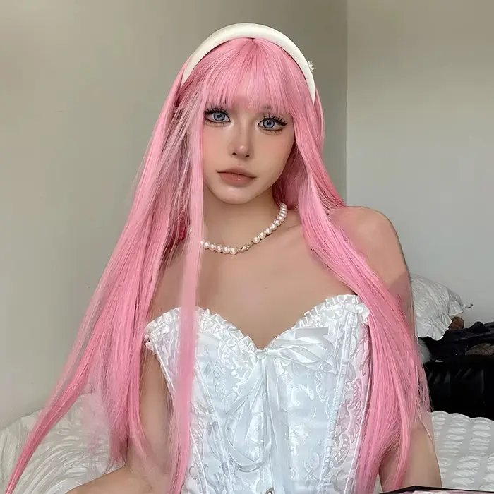 Perruque synthétique longue et lisse rose clair pour fête costumée de cosplay d'Halloween, usage quo