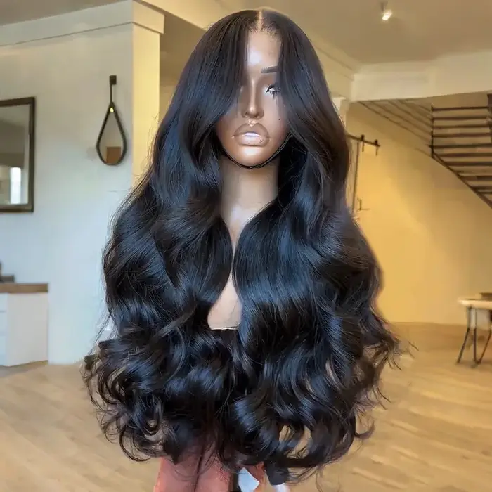 Perruque Lace Frontal Wig synthétique Loose Wave noire, 13x4 HD, sans colle, avec nœuds décolorés, p