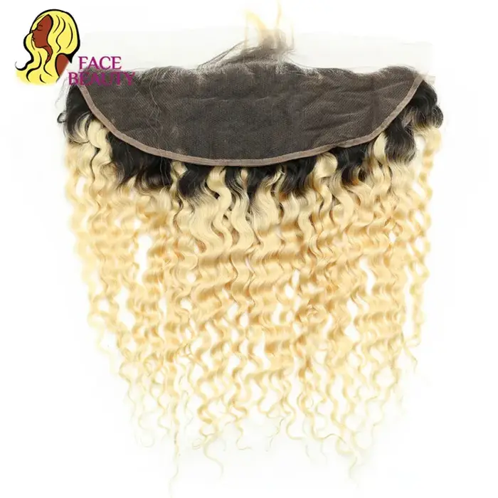 Facebeauty 1B 613 Remy Brazilian Curly Frontal Honey Blonde Ombre Cheveux Humains 13*4 Pré-Plucké de