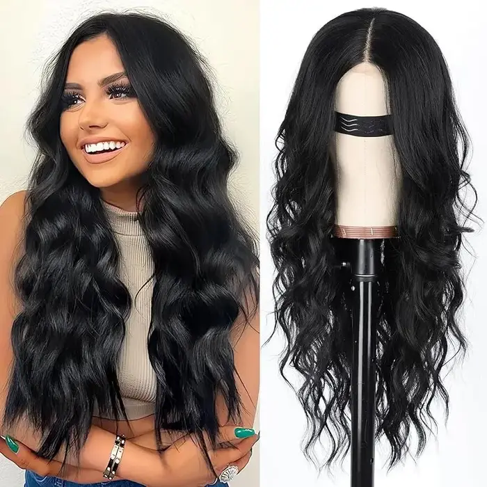 Wigundle HAIR Perruque noire pour femme, naissance des cheveux longue et ondulée avec raie centrale,