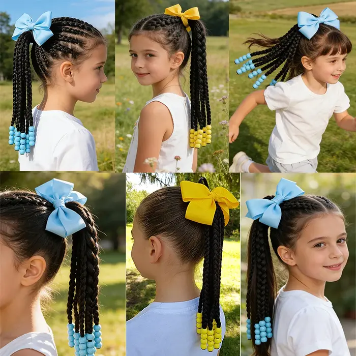 Extensions de cheveux tressées pour enfants avec perles et nœuds