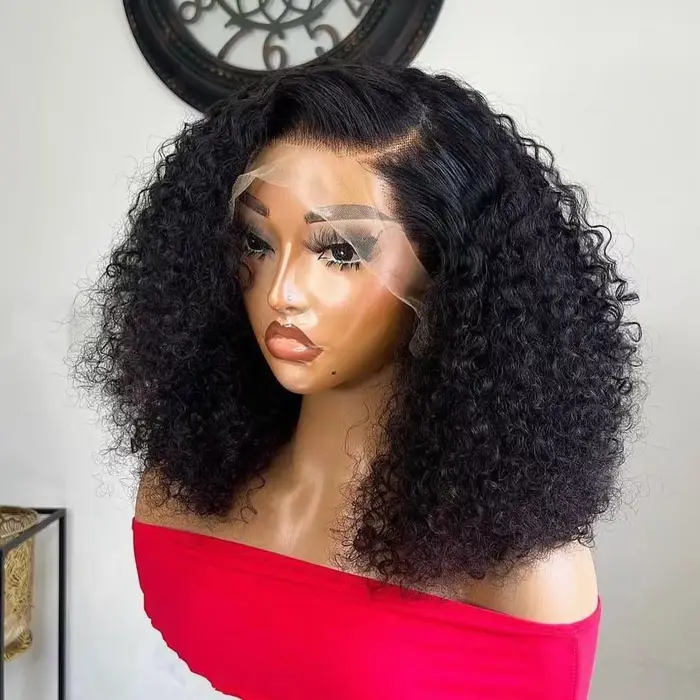 Perruque synthétique courte bouclée frisée coupe droite 13x4 HD Full Lace Frontal pour femmes