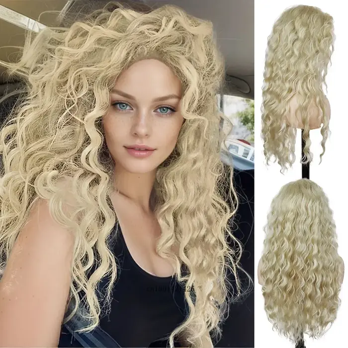 Perruque synthétique bouclée longue jaune Blonde réaliste