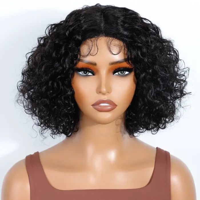 Lekker sans colle Blonde mettre en évidence court bouclés Bob partie centrale dentelle 100% perruques de cheveux